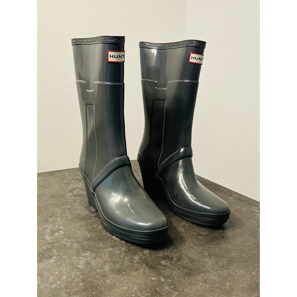 Hunter Original Refined Short Wedge Dark Gray Rain Boots Women’s Size 8